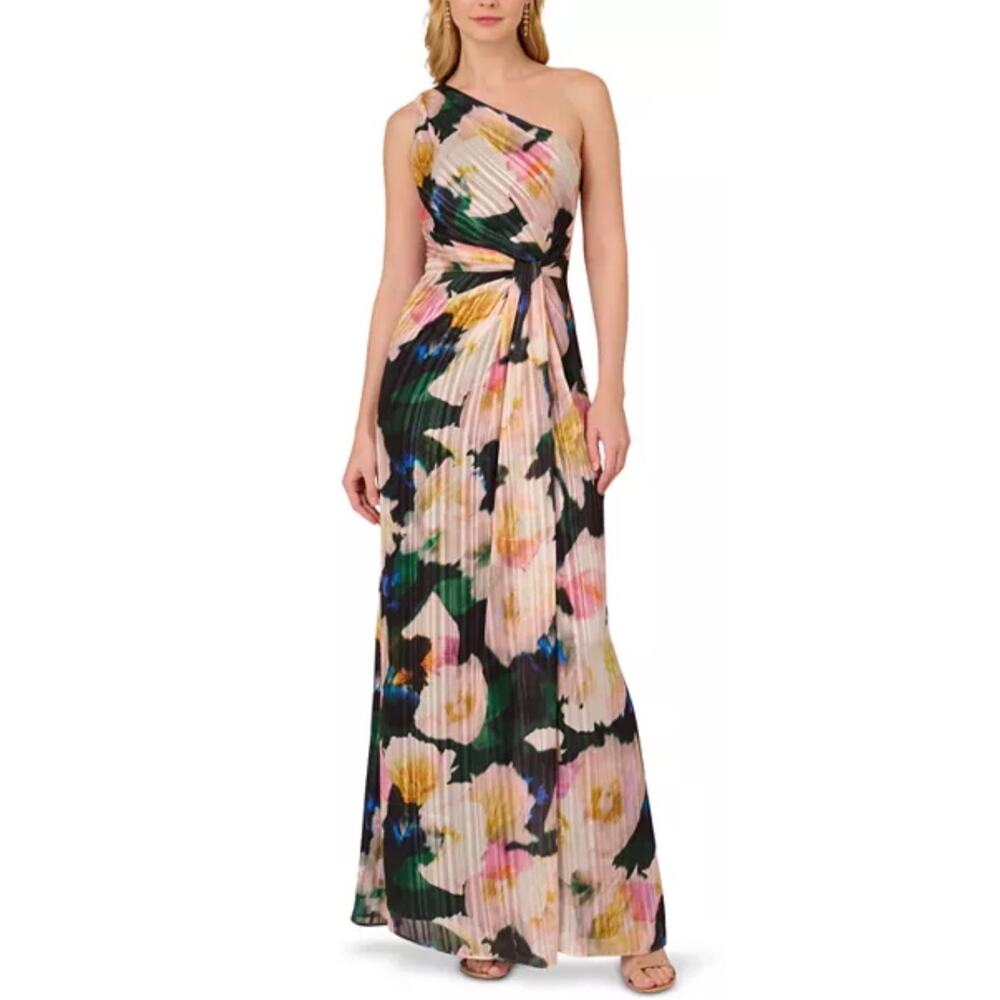 Adrianna Papell One Shoulder Chiffon Gown Maxi Dress Floral Women's 18